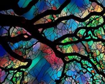 Stained Glass Tree Art: Groovy Oak Metal or Canvas Print