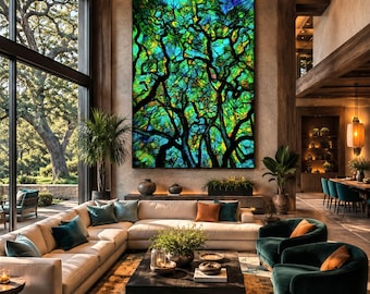 Stained Glass Effect Tree Metal Wall Art: Springtime Green Oak