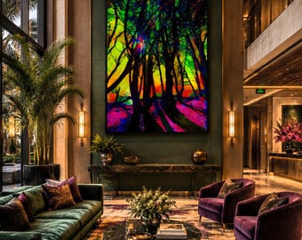 Rainbow Forest Metal Wall Art, Stained Glass Effect Panel