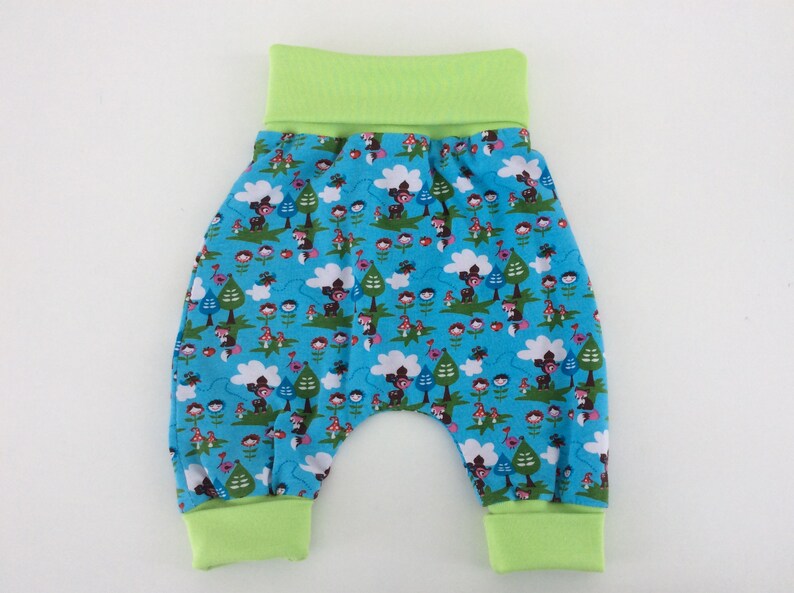 Babyhose Kleines Reh, Mitwachshose, Pumphose, Größe 56/62, blau bunt, grün Bild 1