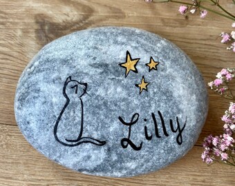 Memorial stone cat name painted stars gold hand painted, keepsake, simple