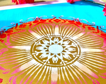 Mandala canvas picture hand painted gold blue turquoise pink white