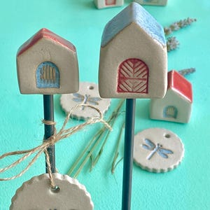 Garden stake set "Home", ceramic house, handmade garden ceramics, house as a stake for flower pot, balcony and flower bed