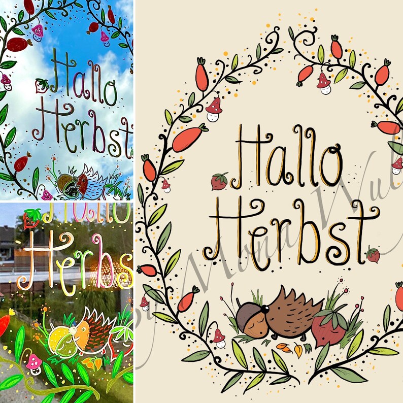 Malvorlage Hallo Herbst Fensterbild Kreide PDF Datei zum