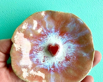 Cuenco en forma de corazón, rojo/blanco, turquesa/rosa, vidrio craquelado, plato para joyería, cerámica, hecho a mano