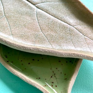 Könnte beinhalten: Zwei keramische Blattschalen. Die obere Schale ist hellbeige mit detaillierten Adernmustern. Die untere Schale ist glänzend hellgrün mit braunen Sprenkeln. Die Ränder beider Schalen sind strukturiert.