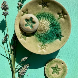 Pode incluir: Um prato redondo de cerâmica com verniz creme rachado e um padrão central de estrela verde, apresentando estrelas-do-mar em relevo à volta do rebordo. Uma pequena ficha redonda de cerâmica a condizer com uma estrela verde e bordo recortado.