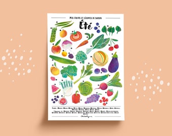 Póster ilustrado A4 a doble cara para colorear, Mésolyne, Frutas y verduras de temporada - verano