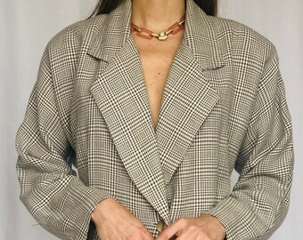 Selina for Holt Renfrew Checker Brown White Wool Long Blazer Coat Jacket Dress M