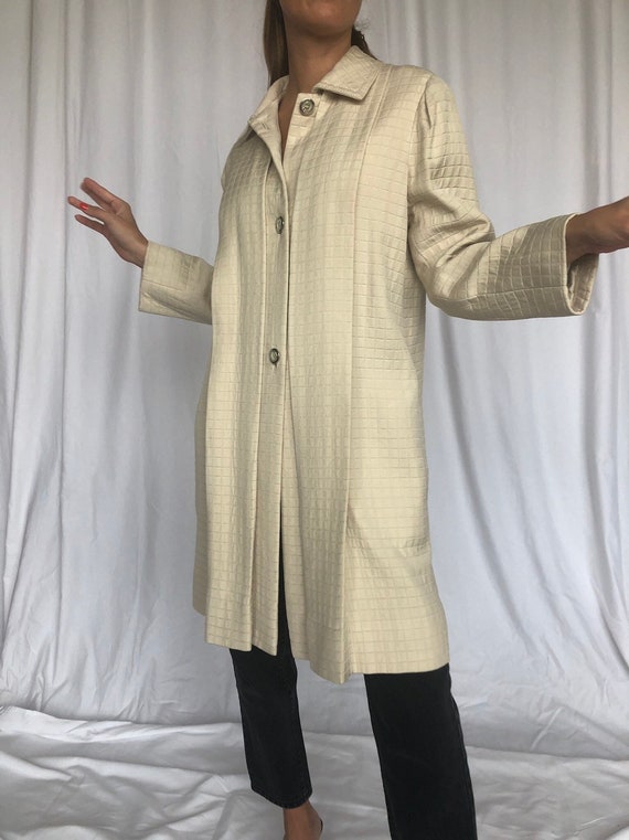 Galanos Vintage 60s Car Coat Ecru Silk Checkerboa… - image 3