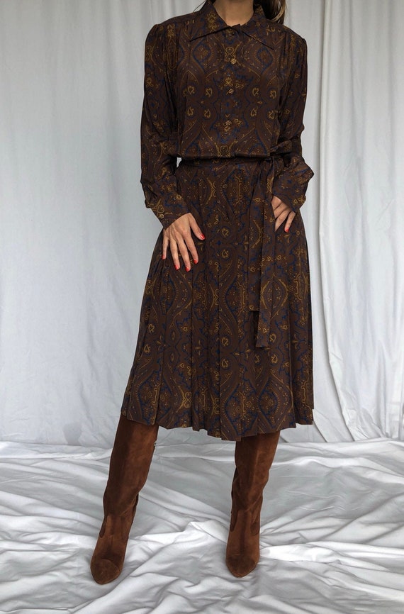 YSL 70s Vintage Pleated Silk Paisley Shirt Dress S