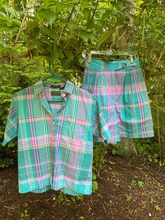Vintage Indian Madras Plaid Cotton Set Shorts Shir