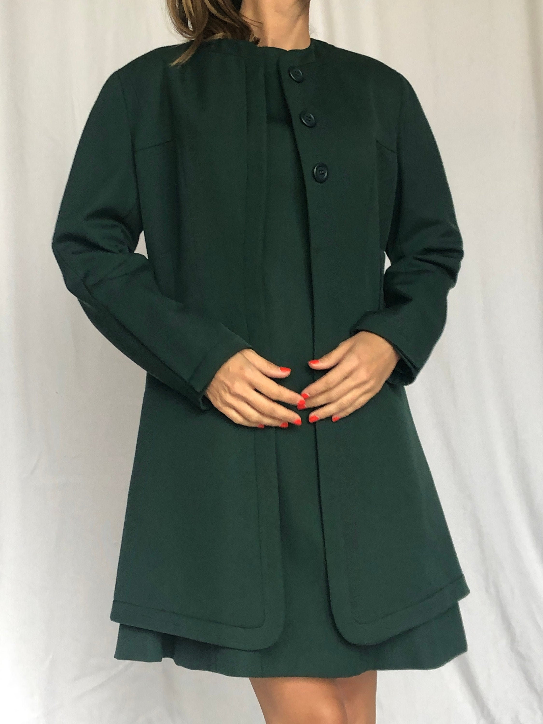Balenciaga, Balenciaga Le Dix 80's Vintage Dress Coat Jacket Set Dark Green Wool Silk Made in France 40 S