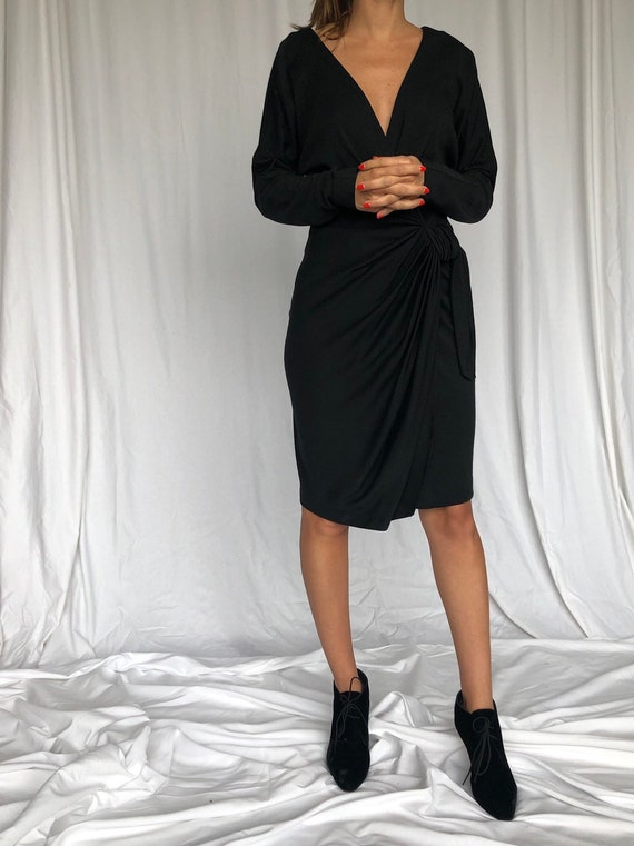 John Anthony Vintage Black Wool Wrap Mini Dress M - image 2