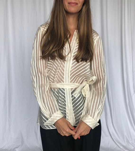 Vintage Organza Striped White Sheer Belted Top S M