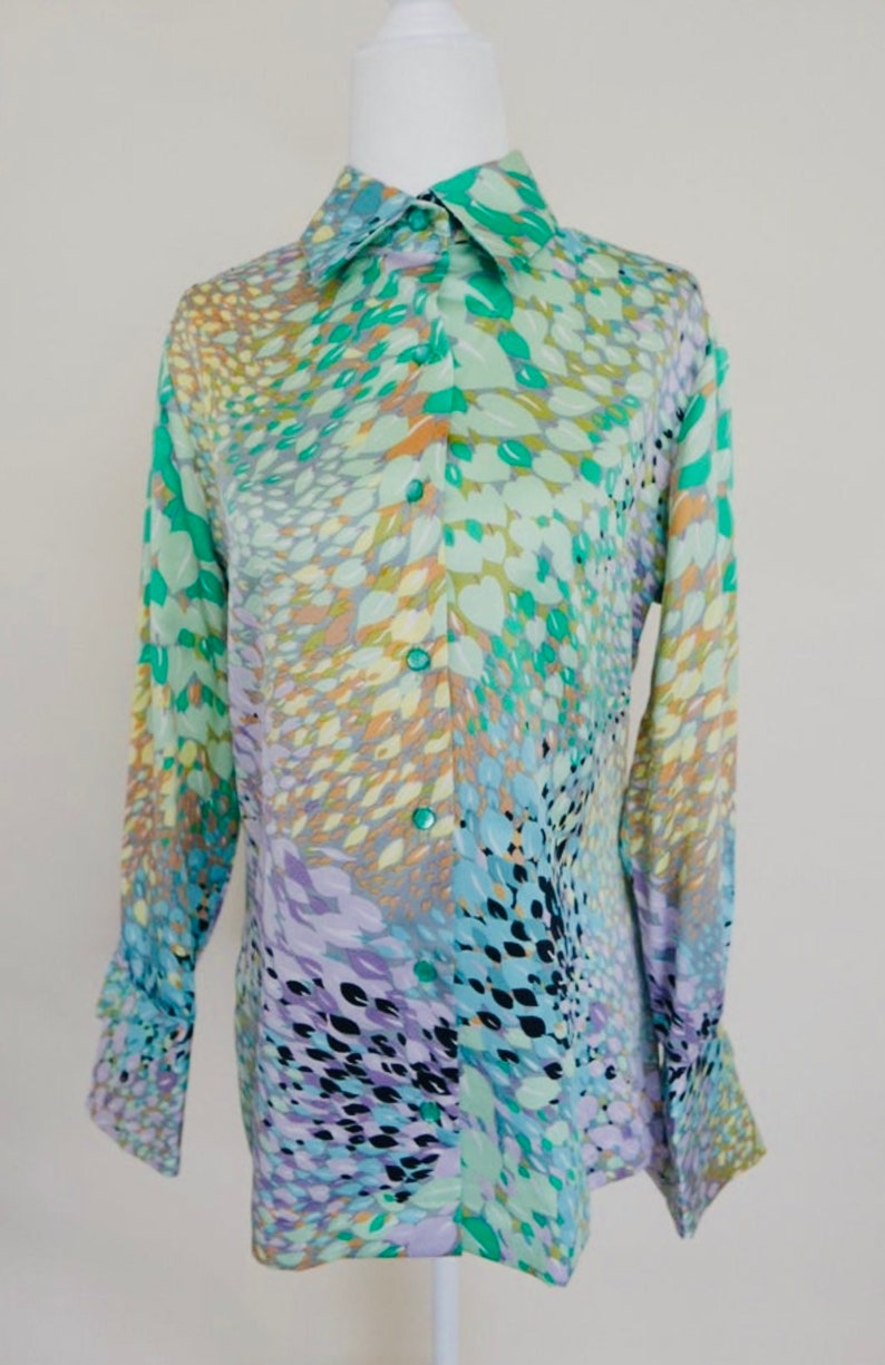 Lanvin 70s Classic Watercolor Pastel Poly Blouse M image 5