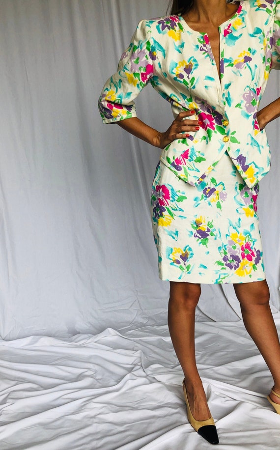Ungaro 80's Vintage Top Skirt Set Floral Linen Cas