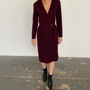 Adele Simpson Vintage Burgundy Long Sleeve Wrap Wool Burgundy Dress 4 S