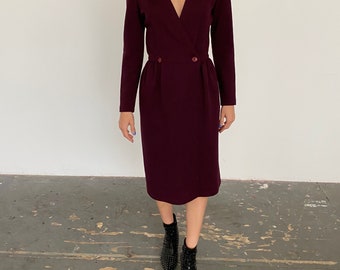 Adele Simpson Vintage Burgundy Long Sleeve Wrap Wool Burgundy Dress 4 S