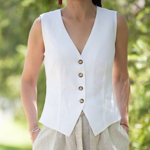 Women vest, linen vest for women, tailored vest, white linen vest  - handmade by ClaudiaMDesign