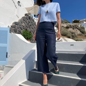 Wide leg trousers. Linen pants women, High waisted trousers, Wide leg linen pants with pockets, Navy linen pants