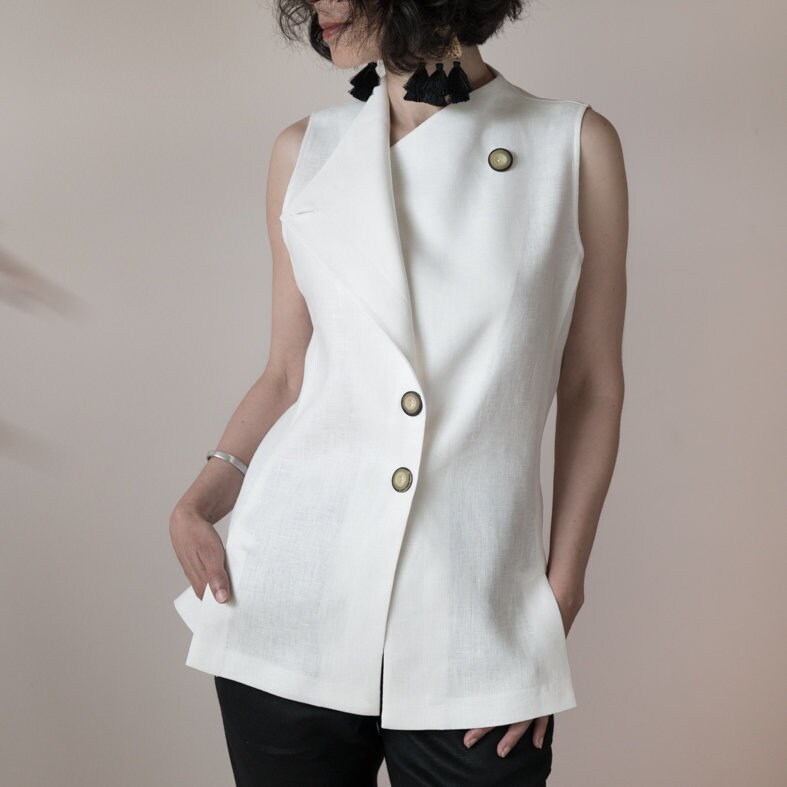 Sleeveless white jacket vest White linen vest linen Etsy