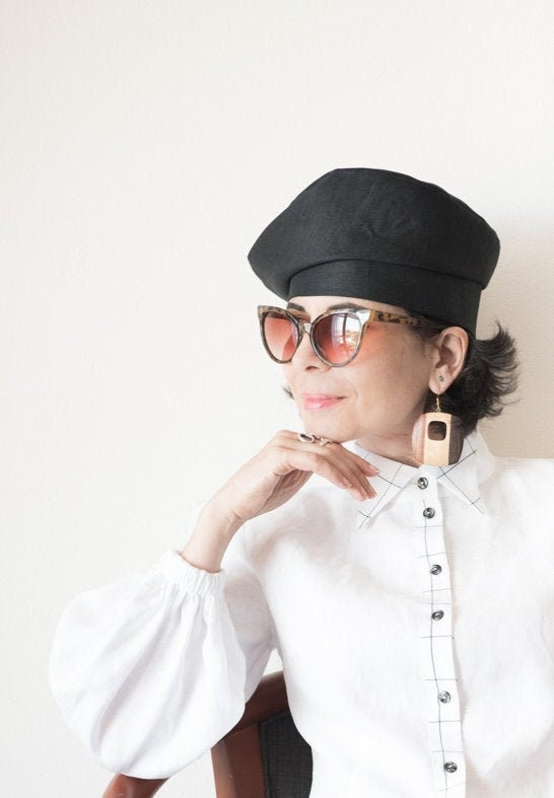 Black Linen Retro Beret, 1940s Hat, Linen Beret, Berets for Women