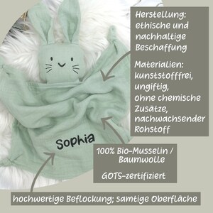 Schmusetuch mit Namen, Kuscheltuch, Schnuffeltuch personalisiert für Mädchen und Jungen, Farben: rosa, blau oder grün. Bio-Baumwolle, zertifiziert.