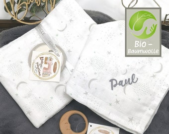 Kuscheltuch mit Namen, Bio-Baumwolle, Musselin, Mulltuch, Schnuffeltuch personalisiert, mit Sternen in pastellgrün, Name beflockt, für Babys