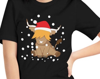 かわいいハイランド牛のクリスマスTシャツ