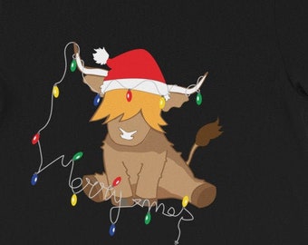 レディース かわいいハイランド牛のクリスマス T シャツ