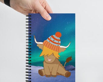 Cute northern lights highland cow notebook personalised gift for cow lover