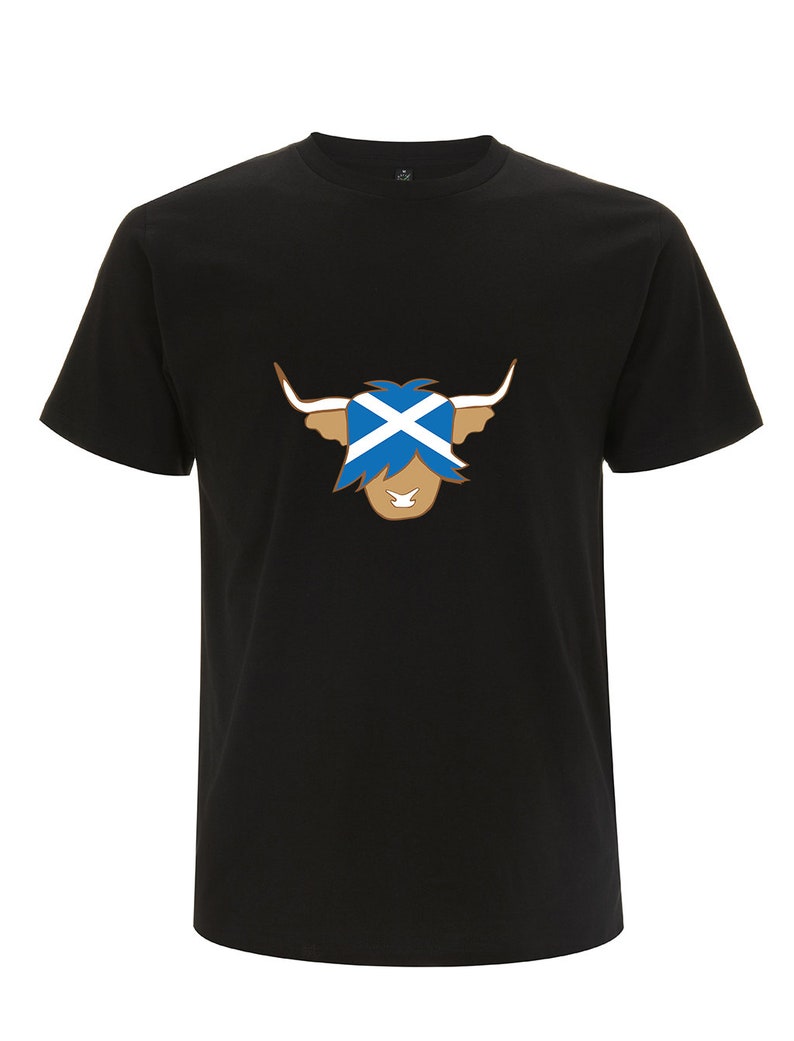 May include: Black t-shirt with a brown Highland cow wearing a Scottish flag on its head.