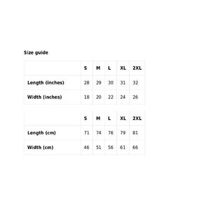 May include: Size guide for a garment with measurements in inches and centimeters. The table shows the length and width of the garment in different sizes: S, M, L, XL, and 2XL.