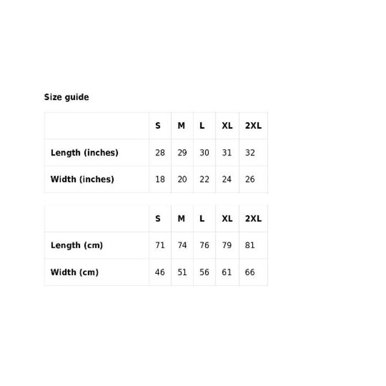 May include: Size guide for a garment with measurements in inches and centimeters. The table shows the length and width of the garment in different sizes: S, M, L, XL, and 2XL.