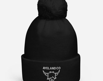 Stylische schottische Highland Kuh Stickerei Pom Pom Mütze unisex