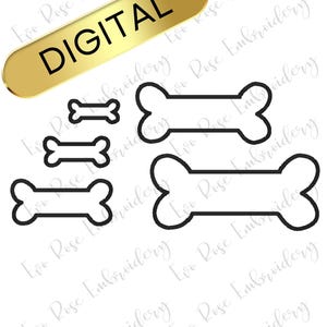 May include: Four different sizes of dog bone shapes, outlined in black, for embroidery.