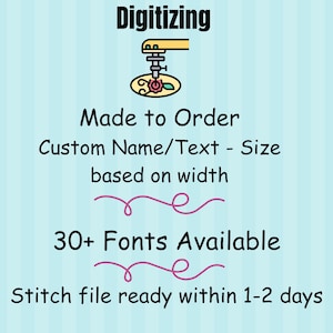 Puede incluir: Servicio de digitalización de bordado a máquina personalizado. Hecho a pedido, con una selección de más de 30 fuentes. Archivo de puntada listo en 1-2 días. Formatos de archivo disponibles: PES, DST, EXP, HUS, JEFVP3, VIP, PCS, SEW, XXX.