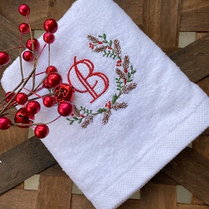Christmas Wreath w/Holly Monogram Personalized Hand Towel