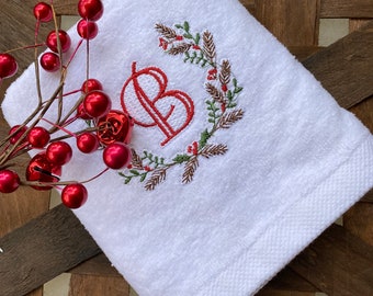 Christmas Wreath w/Holly Monogram Personalized Hand Towel