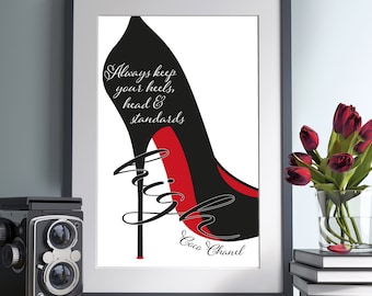 Designer Shoe Print | Red Bottom Heels | Coco Quote | Dressing Room Art | Red Soles | Wall Art A4 or A3 Size
