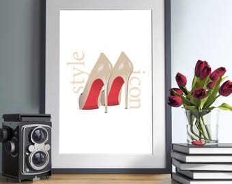 Designer Shoe Art | Kate Neutral Designer Icon Print | Fashion Print | High Heel Stiletto Shoe Home Decor, Wall Art