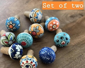 Ceramic Wine Stopper Set: Hand-Painted Jaipur Pottery, Cork Base