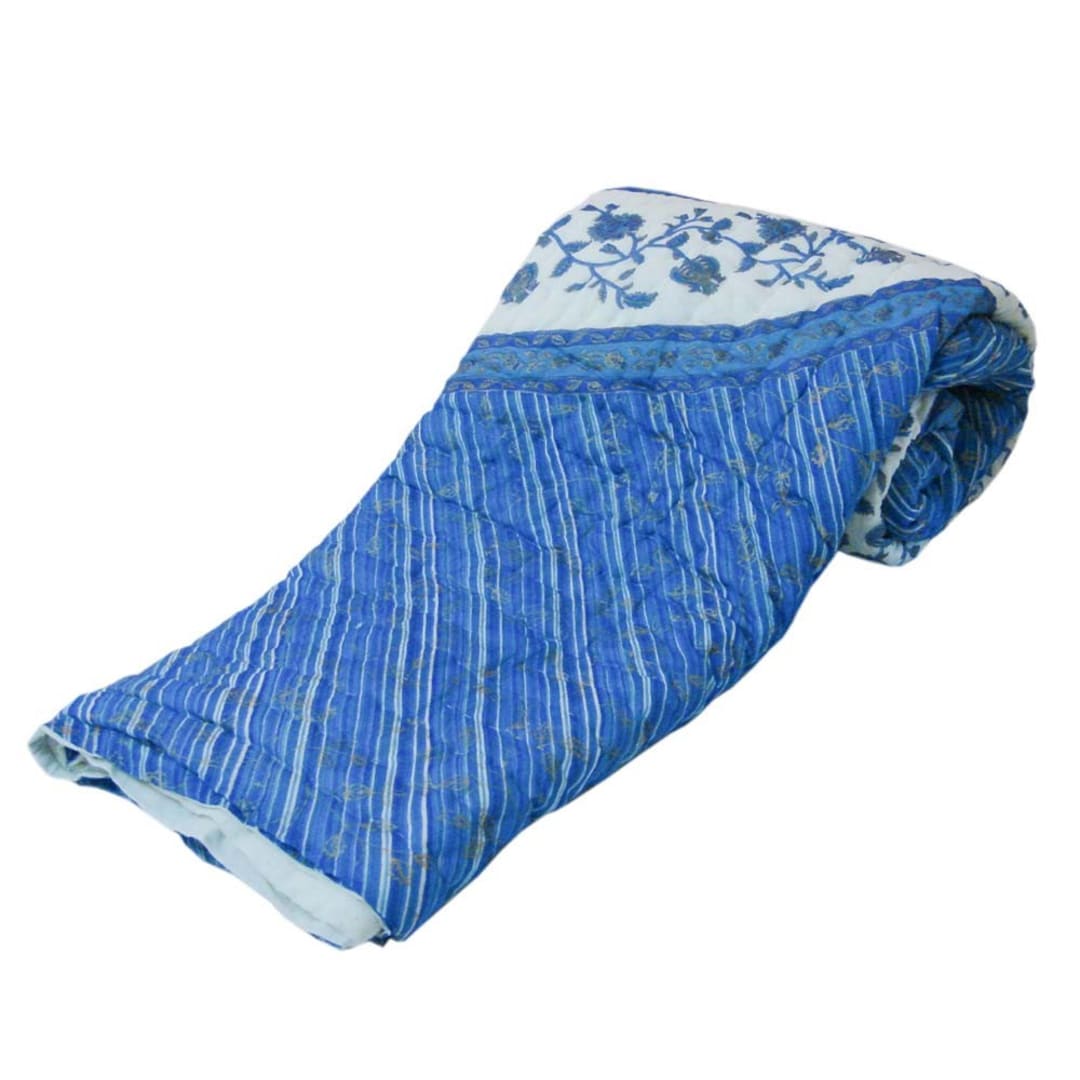 インド　ブロックプリントキルト　大判 訳あり☆インド ブロックプリントキルト 大判 青白花柄 インド