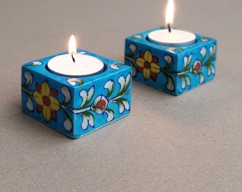 Hand-Painted Blue Pottery Tea Light Holder: Ceramic Candle Holder