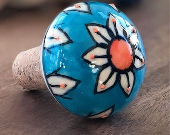 Hand Painted Ceramic Wine Bottle Stopper with Cork Base