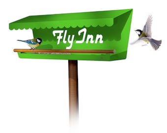 May include: A green bird feeder with a sign that says "Fly Inn". The feeder has a brown wooden perch and a green roof. Two bluebirds are perched on the feeder.