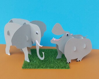 2 teilige 3D Tischdeko Elefant & Nilpferd Kindergeburtstag