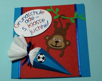 Glückwunschkarte Einschulung Äffchen mit 3D Schultüte Fußball