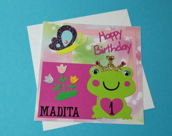 Geburtstagskarte zum  1. Geburtstag  Froschkönigin mit Name